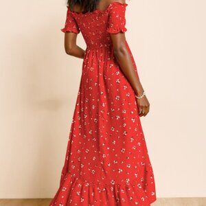 Red Smocked Off The Shoulder Maxi Dress